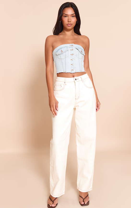 Light Blue Wash Pocket Detail Cropped Denim Corset Top