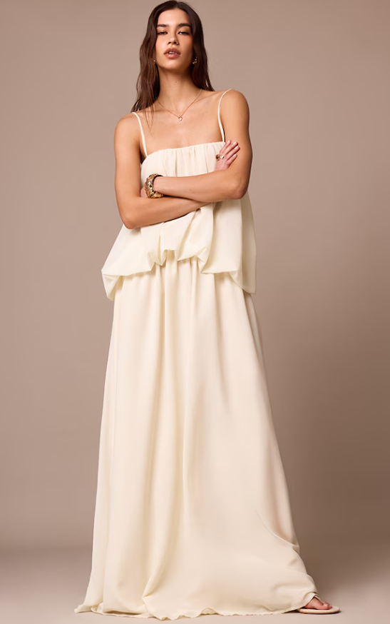 Chamika Cream Chiffon Layered Puffball Maxi Dress