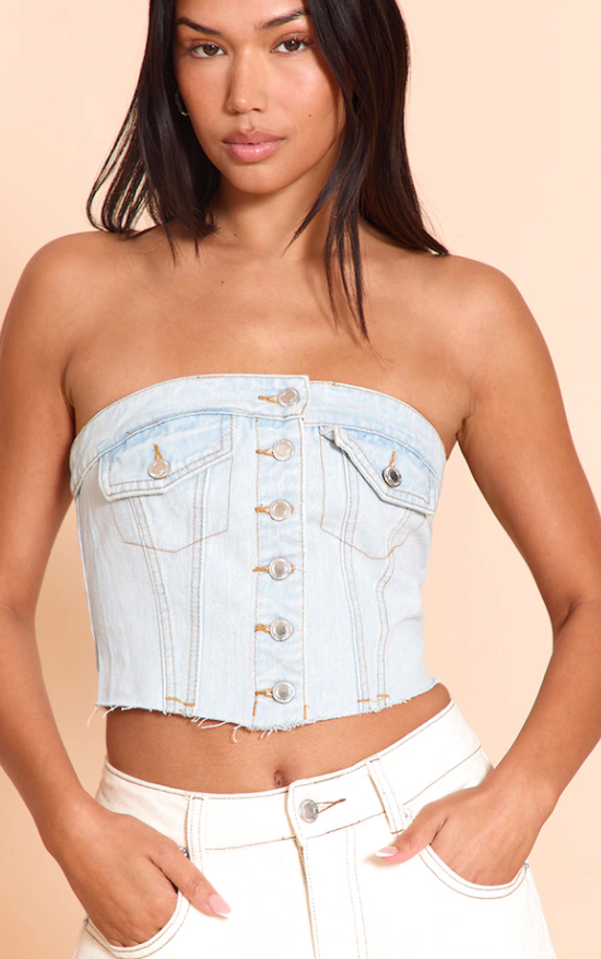 Light Blue Wash Pocket Detail Cropped Denim Corset Top