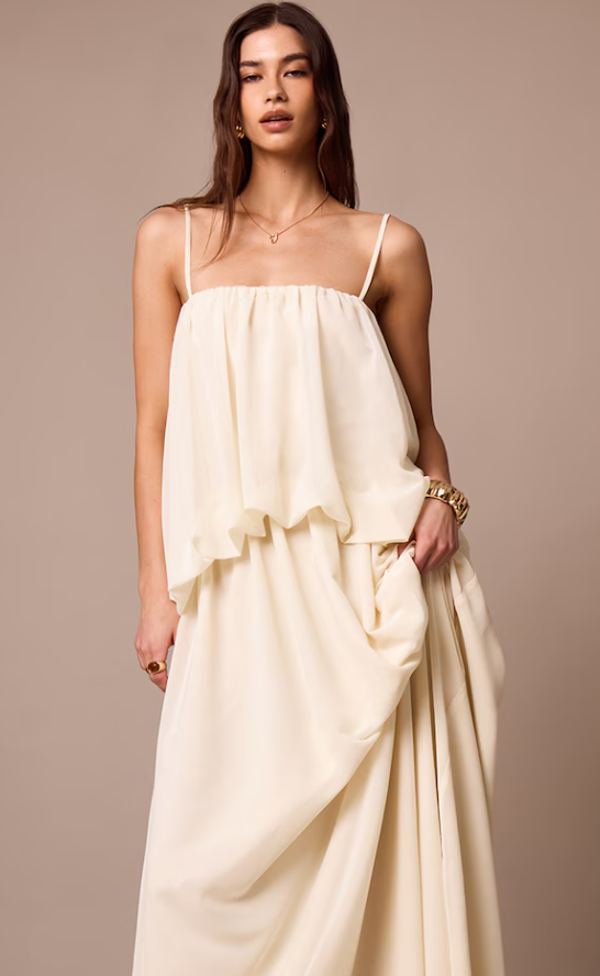 Chamika Cream Chiffon Layered Puffball Maxi Dress